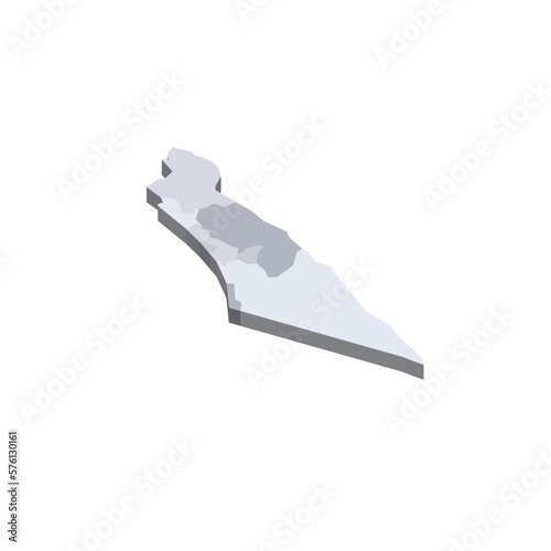 Israel political map of administrative divisions - districts, Gaza Strip and Judea and Samaria Area. 3D isometric blank vector map in shades of grey.