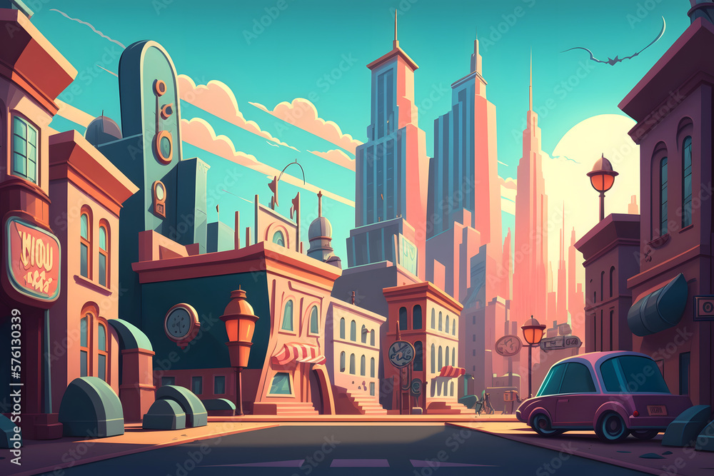 Obraz premium Cartoon city background, town. Made with Generative AI