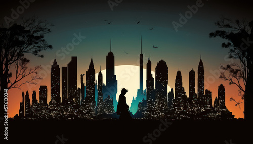 city skyline skyscraper buildings in the night dark background Generative AI, Generativ, KI