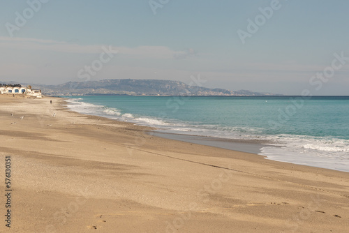 photo of sea and beach with seagulls 