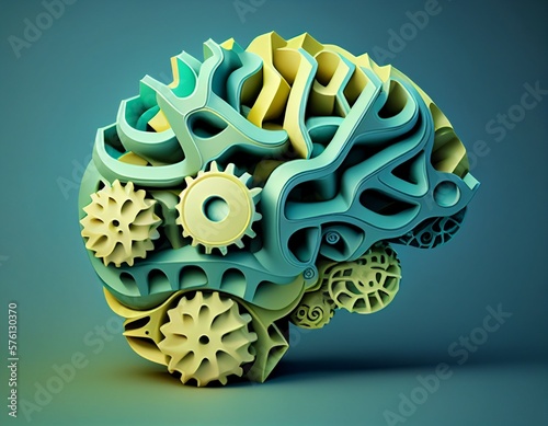 The human brain is green and yellow, which is composed of a collection of gears.  Generative AI. photo