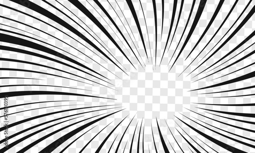 Twisted black lines on transparent background. Manga book page design. Swirled anime emphasis template. Surprise, attention, boom, explosion, power, motion comic effect