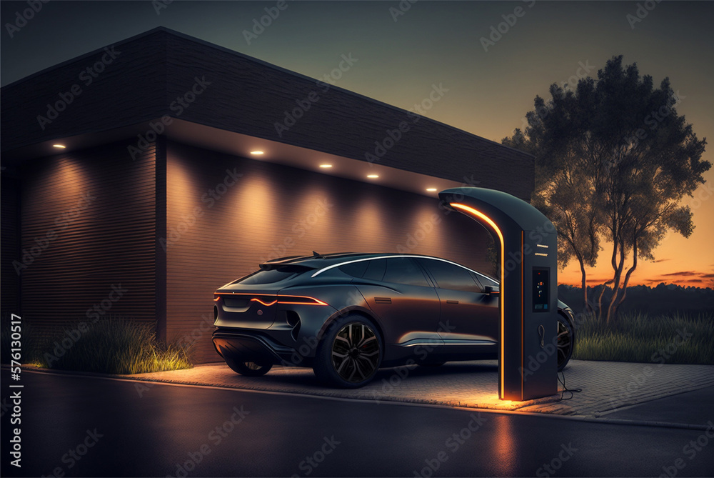 Concept EV car, EV Charging station, Luxury car on a sunset, charging car battery,  Electric Vehicle, Electric Car, Generative AI