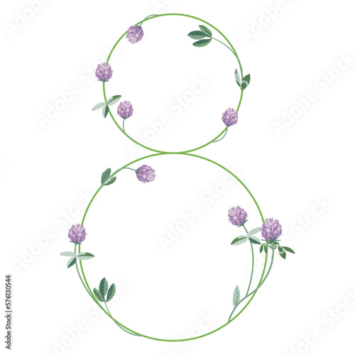 Numeral eight with red clover branches. Floral font. Number 8. Isolated vector illustration.