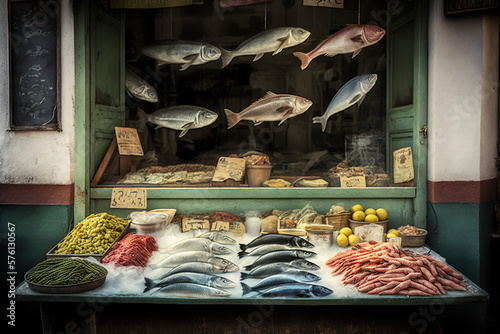 Market stall with fresh fish, concept of Seafood and Local Produce, created with Generative AI technology photo