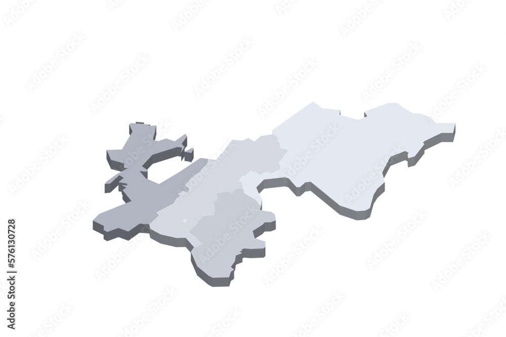 Tajikistan political map of administrative divisions - regions, autonomous region of Gorno-Badakhshan, districts of Republican Subordination and capital city of Dushanbe. 3D isometric blank vector map