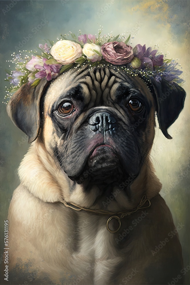 Pug Portrait Looking At Camera Wearing A Flower Crown