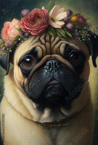 Pug Portrait Looking At Camera Wearing A Flower Crown © Kyle