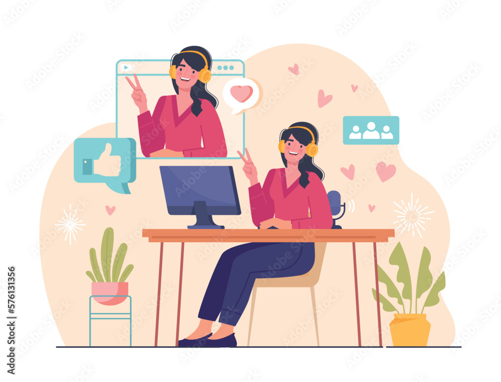 Blogger record video. Young girl sits in front of computer, woman creates interesting content for websites and social networks. Popular person and famous person. Cartoon flat vector illustration