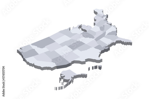 United States of America political map of administrative divisions - states and federal district Washington, D.C. 3D isometric blank vector map in shades of grey.