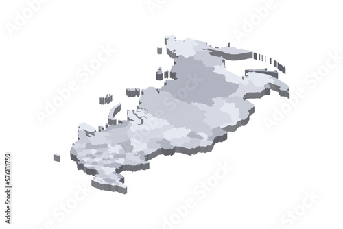 Russia political map of administrative divisions - oblasts, republics, autonomous okrugs, krais, autonomous oblast and 2 federal cities of Moscow and Saint Petersburg. 3D isometric blank vector map in