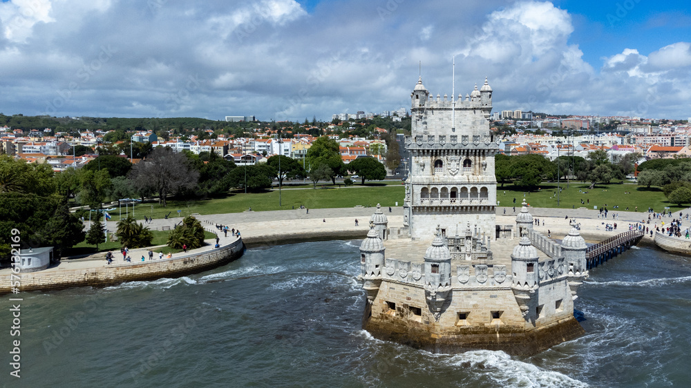 Aerial landscape of Torre de Belém with blue sky.