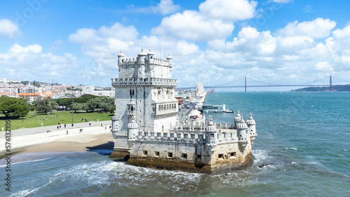 Aerial landscape of Torre de Belém with blue sky. photo