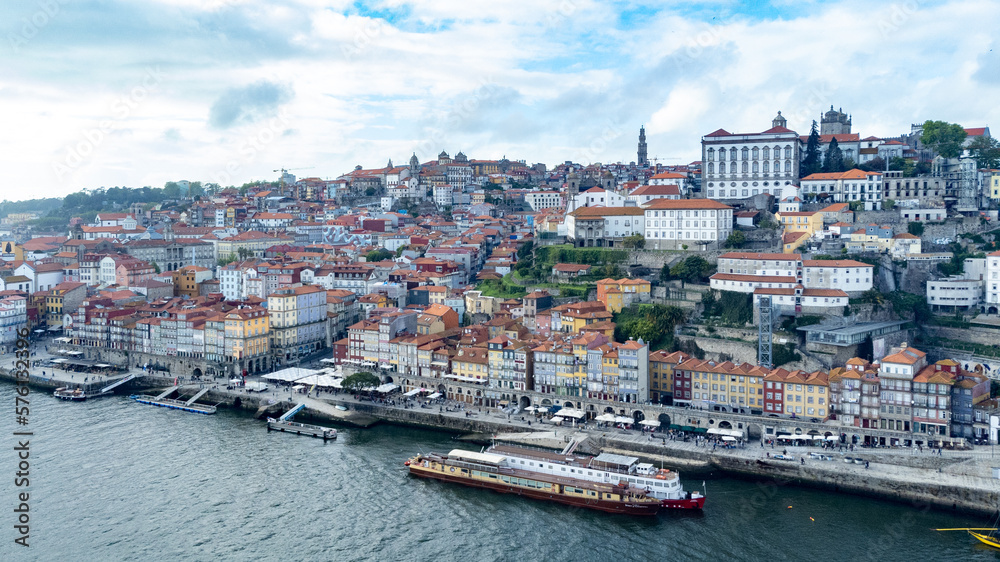 Oporto, Portugal. April 12, 2022: Aerial landscape of the Riviera neighborhood and Duero river