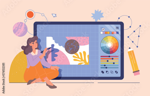 Graphic designer concept. Young girl at computer creates elements for website, develops interface for programs and applications. Remote employee or freelancer. Cartoon flat vector illustration