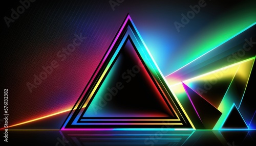 A glowing high tech background with triangles and neon lines and lights. Generative AI. 