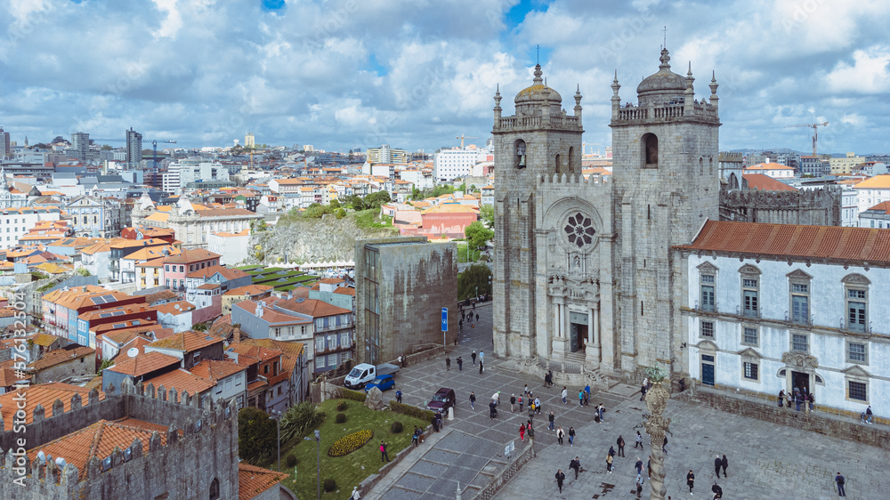 Lisbon, Portugal. April 12, 2022: Beautiful postcard of Porto's cathedral and blue sky.