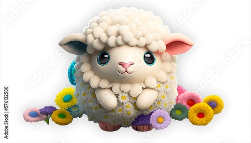 Adorable, cute, fluffy, Easter sheep, lamb with flowers and blank background. (Generative AI) © Trisha