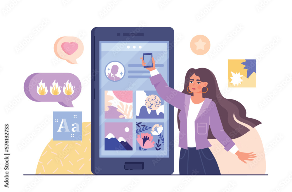 Minimalist content concept. Young girl with smartphone. SMM specialist promotes account in social networks. Poster or banner for website. Popular and famous blogger. Cartoon flat vector illustration Minimalist content concept. Young girl with smartphone. SMM specialist promotes account in social networks. Poster or banner for website. Popular and famous blogger. Cartoon flat vector illustration
