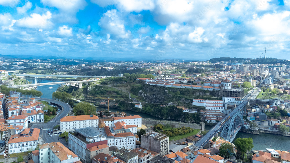 Aerial view with beautiful landscape and the Douro river. Oporto, Portugal. 