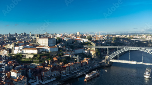 Oporto, Portugal. April 12, 2022: Aerial landscape of the Luis I bridge and the city.