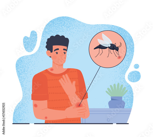 Mosquito bite concept. Young guy scratches his hand after being bitten by insect. Tropical and exotic animals, dangerous. Poster or banner for website. Skin problems. Cartoon flat vector illustration
