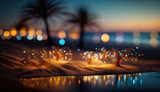 Sandy beach illuminated by many festive lights. Generative AI