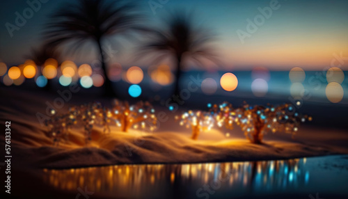 Sandy beach illuminated by many festive lights. Generative AI