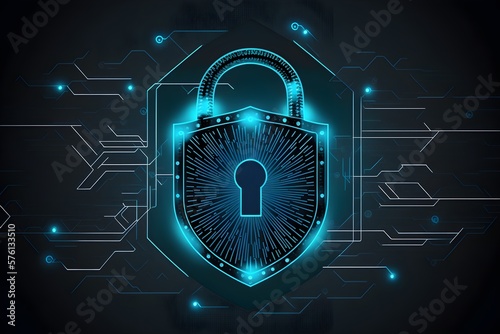 Wallpaper Illustration and background of cyber security data protection shield, with key lock security system, technology digital. Front view. Concept of database security software. Generative AI photo