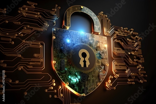 Wallpaper Mural Wallpaper Illustration and background of cyber security data protection shield, with key lock security system, technology digital