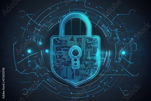 Wallpaper Illustration and background of cyber security data protection shield, with key lock security system, technology digital. Front view. Concept of database security software. Generative AI