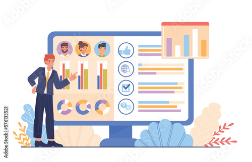 Politician online service.Young guy evaluates candidates, infographic. Statistics and analysis. Poster or banner for website. Voting and elections, democracy. Cartoon flat vector illustration