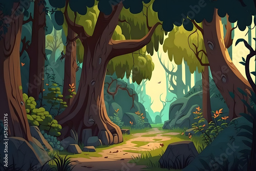 Cartoon forest background. Made with Generative AI