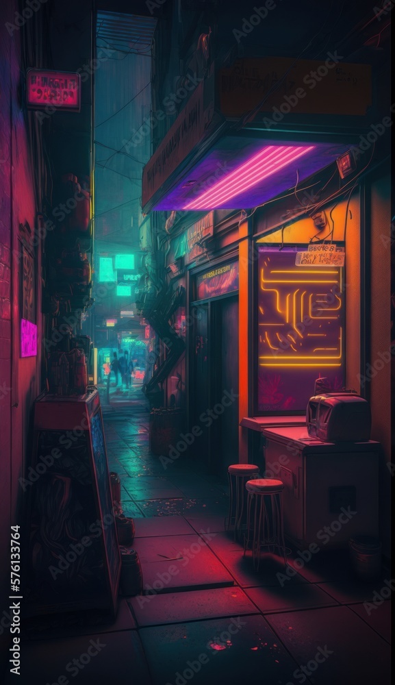 A futuristic cyberpunk city with neon glowing lights at night. 