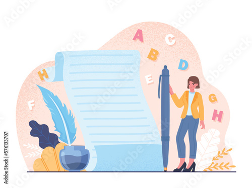 Professional copywriter concept. Young girl with pen and feather next to clean sheet of paper. Creative personality, trading and art. Talented author writes article. Cartoon flat vector illustration