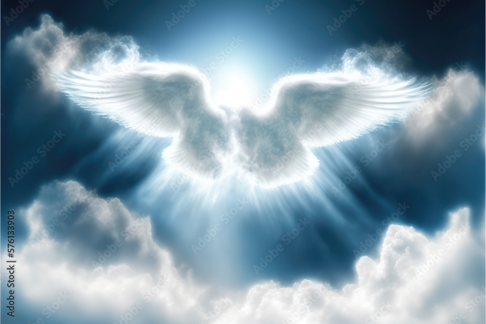 A dreamy cloudy blue sky with a surreal shiny angel wings. Generative ...