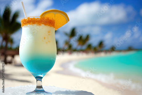 Cocktail at the beach with white sand and palm trees. Generative AI