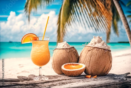 Cocktail at the beach with white sand and palm trees. Generative AI photo