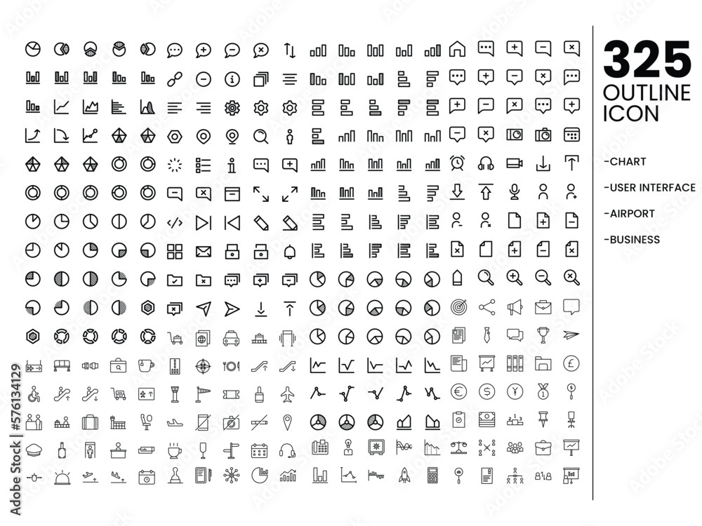 mega set outline icon set. chart, user interface, airport, business icon set