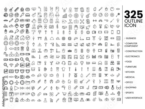 mega set outline icon set. business, computer component, construction, electronic, food, furniture, kitchen, medical, office, shopping, sports, user interface icon set