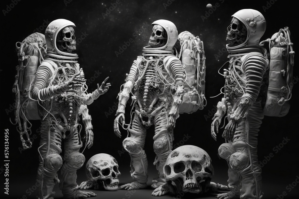Skeletons dressed as astronauts, concept of Space Exploration and ...