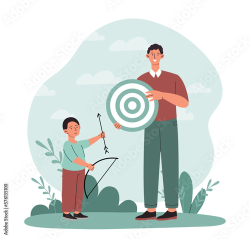 Archery teacher concept. Man with target and child with bow. Shooting training, development of kids skills. Education and learning. Dad and son spending time together. Cartoon flat vector illustration