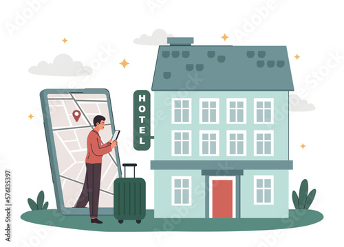 Booking hotel concept. Man with smartphone chooses place to stay, tourist in another country. Leisure and vacation, travel and trip. Search apartment on internet. Cartoon flat vector illustration