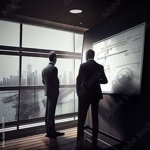 Businessmen Negotiating, in High Rise With WhiteBoard, 4k Ultra Realistic