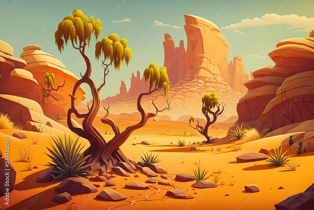 Cartoon desert background, sand. Made with Generative AI