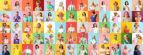 Group of different people with funny disguise on color background. April Fool's Day celebration