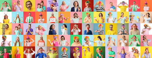 Collage of different people with funny disguise on color background. April Fool's Day celebration