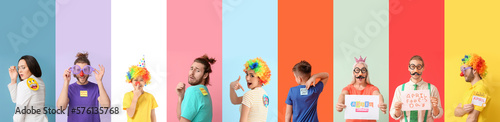 Set of different people with funny disguise on color background. April Fool's Day celebration