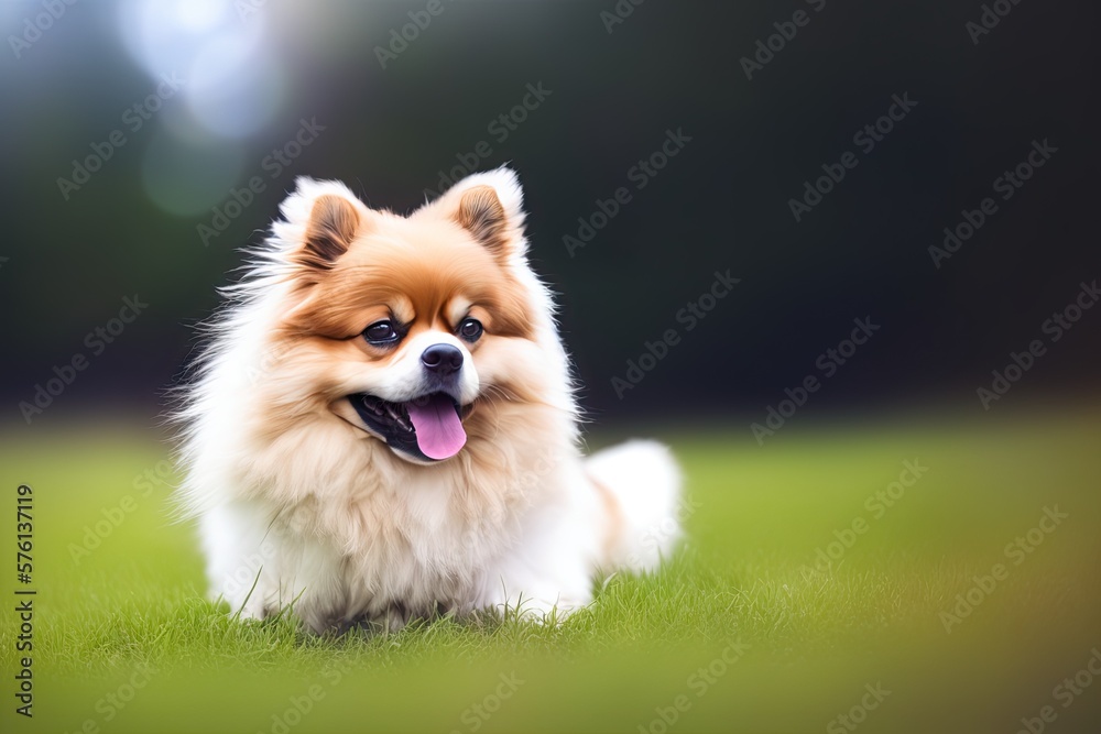 Pomeranian spitz toy dog outdoor, generative ai. Cute puppy smiling Pomeranian spitz toy dog outdoor, generative ai. Cute puppy smiling