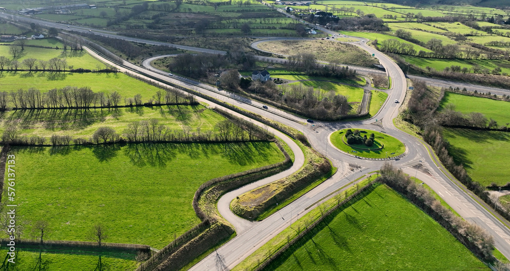 Aerial view of new roundabout and junction A8, A57 at the Village of Ballynure near Ballyclare Town Co Antrim Northern Ireland